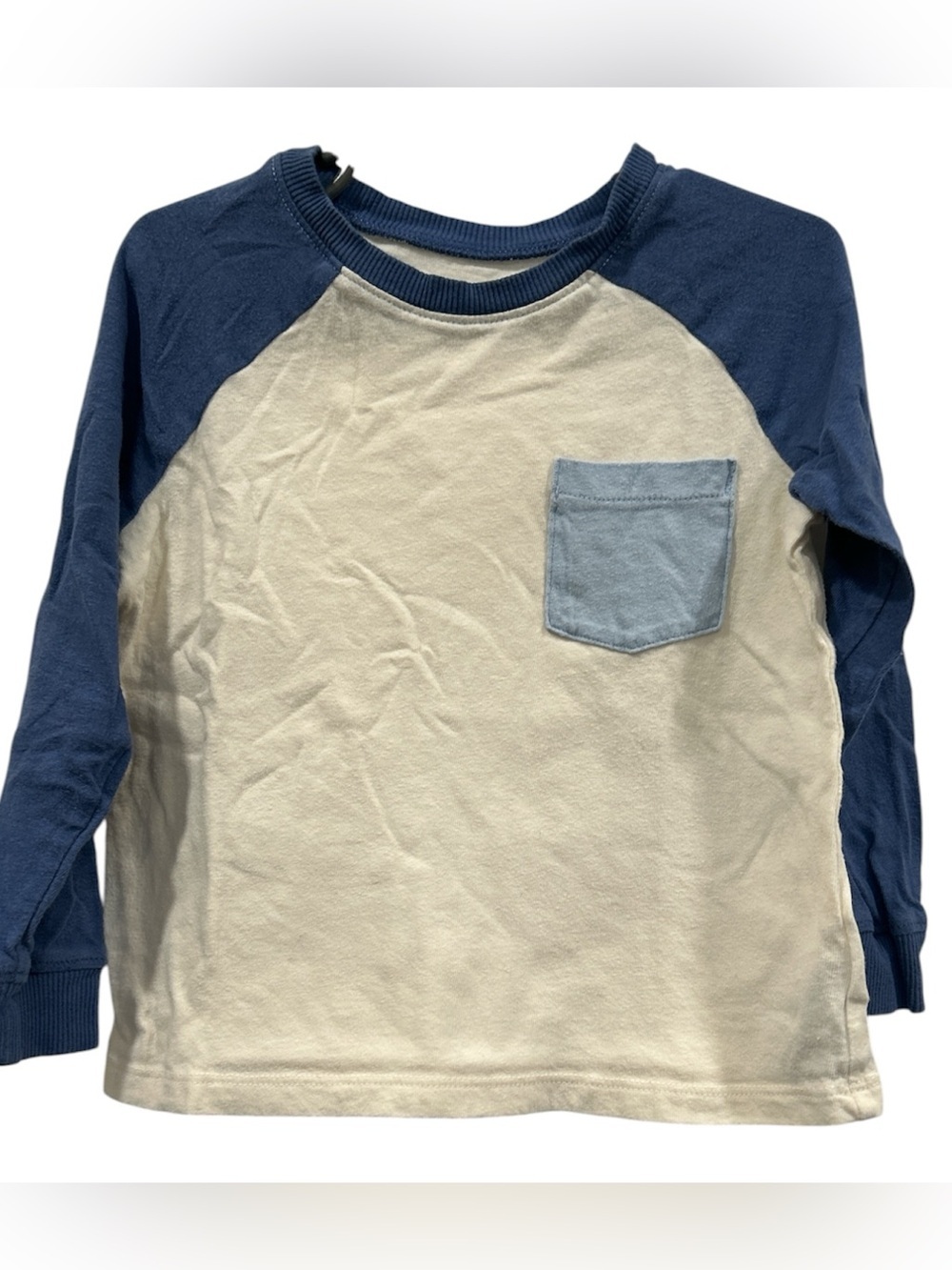 Old Navy Boys Long Sleeve Raglan Shirt in Navy and Cream with Light Blue Pocket
